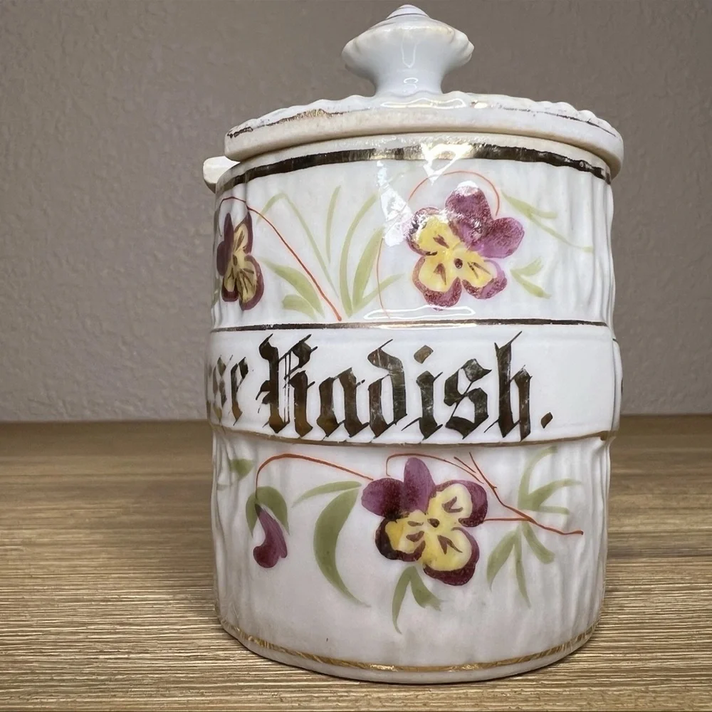 Antique Victorian Porcelain Horseradish Pot Jar Hand Painted Floral Gilt Lid